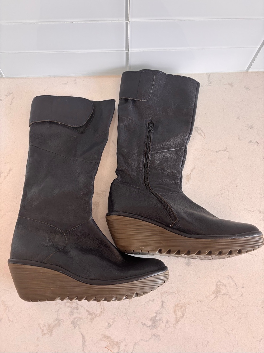 Fly London Black Leather Wedge Zip Boots with Brown Wedge